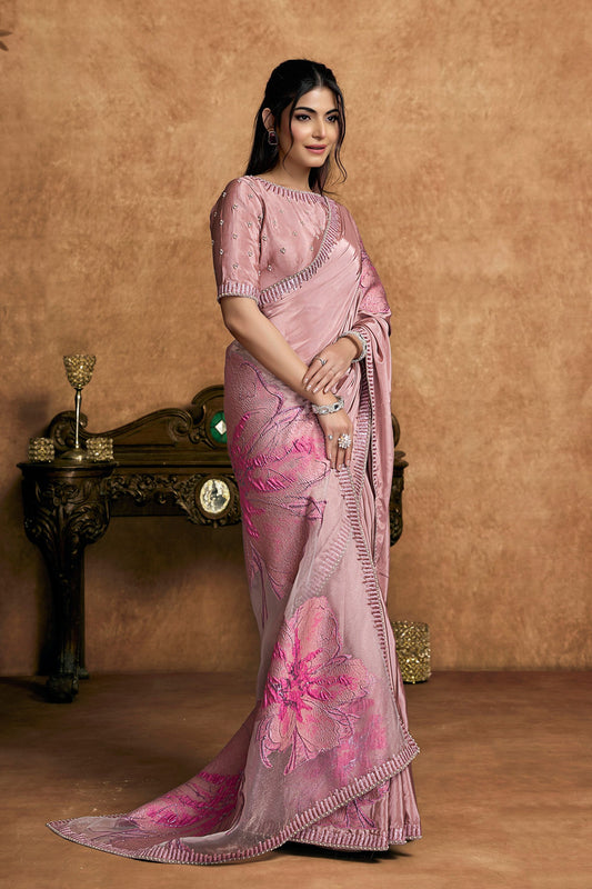 Pink Satin Silk Saree Floral Embroidered Organza Pallu Designer Blouse