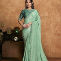  Sea Green Satin Silk Saree Designer Border Embellished Blouse