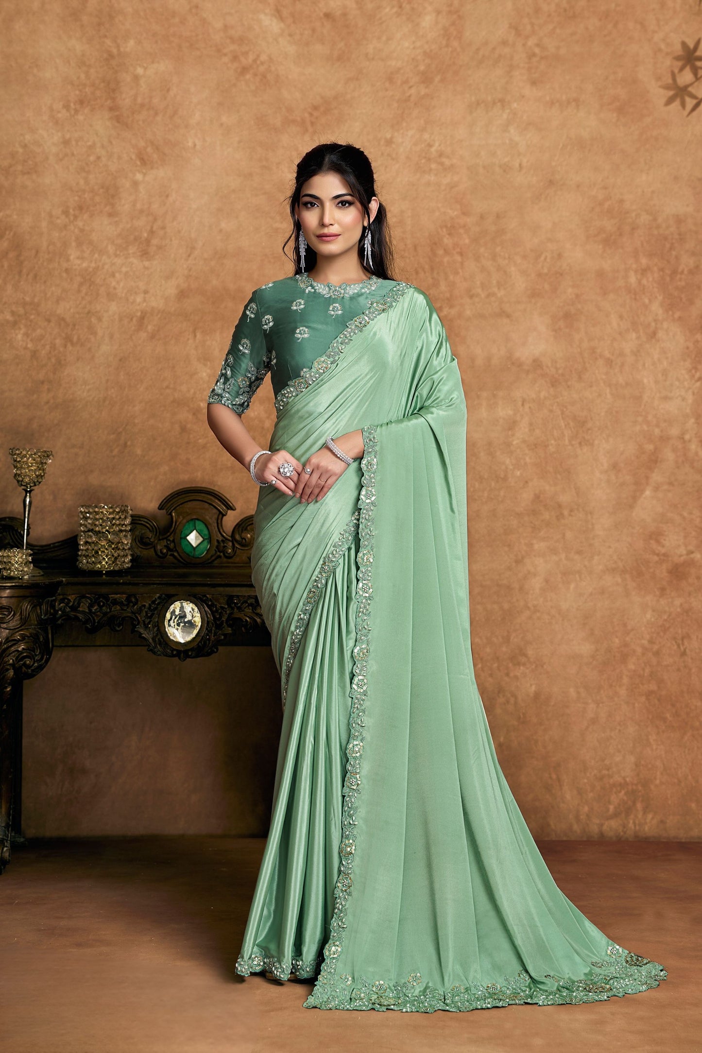  Sea Green Satin Silk Saree Designer Border Embellished Blouse