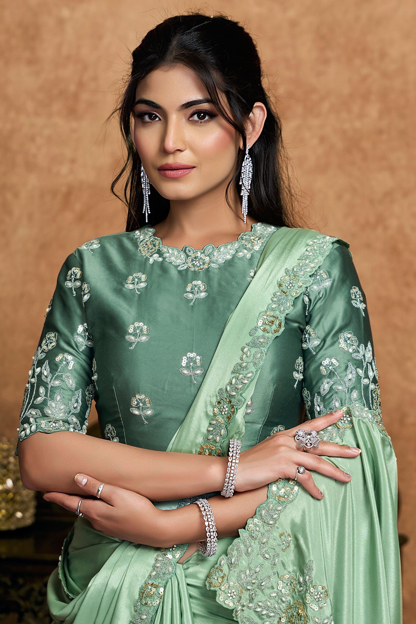 Sea Green Satin Silk Saree Designer Border Embellished Blouse