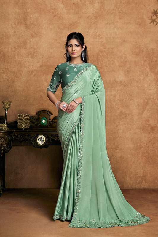  Sea Green Satin Silk Saree Designer Border Embellished Blouse