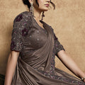 Coffee Brown Satin Silk Saree with Embroidered Border Designer Blouse