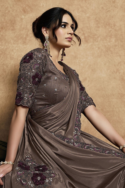 Coffee Brown Satin Silk Saree with Embroidered Border Designer Blouse