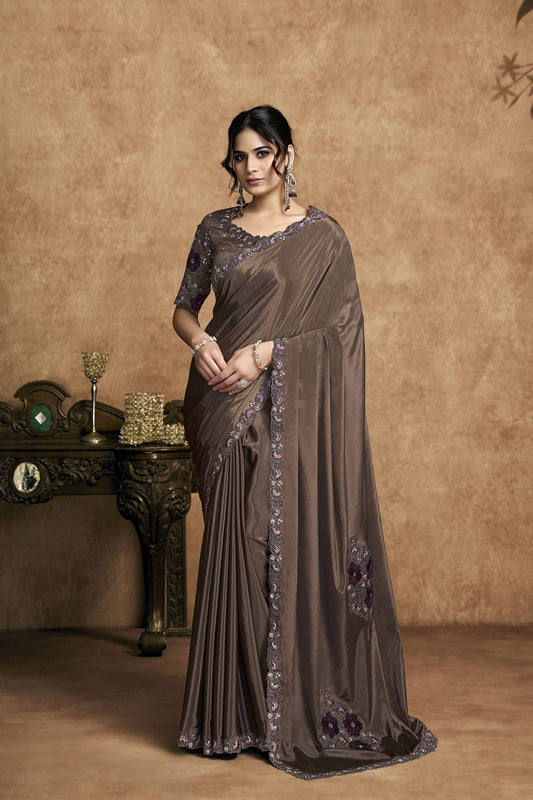 Coffee Brown Satin Silk Saree with Embroidered Border Designer Blouse