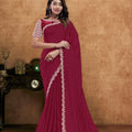 Dark Pink Georgette Saree Heavy Embroidered Border Designer Blouse