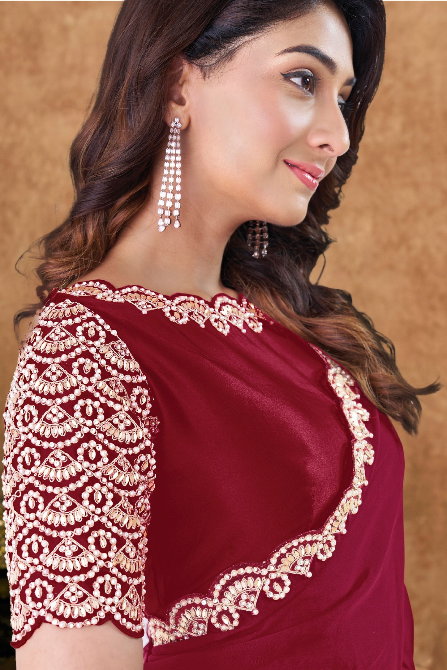 Dark Pink Georgette Saree Heavy Embroidered Border Designer Blouse