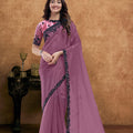 Mauve Georgette Saree with Black Embroidered Border Designer Blouse