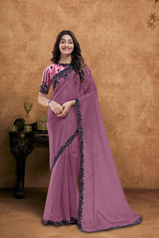 Mauve Georgette Saree with Black Embroidered Border Designer Blouse