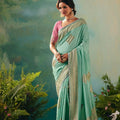 Mint Green Saree with Golden Embroidery Designer Pink Blouse 