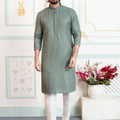 Elegant Green Embroidered Art Silk Wedding Kurta Pajama Set for Men