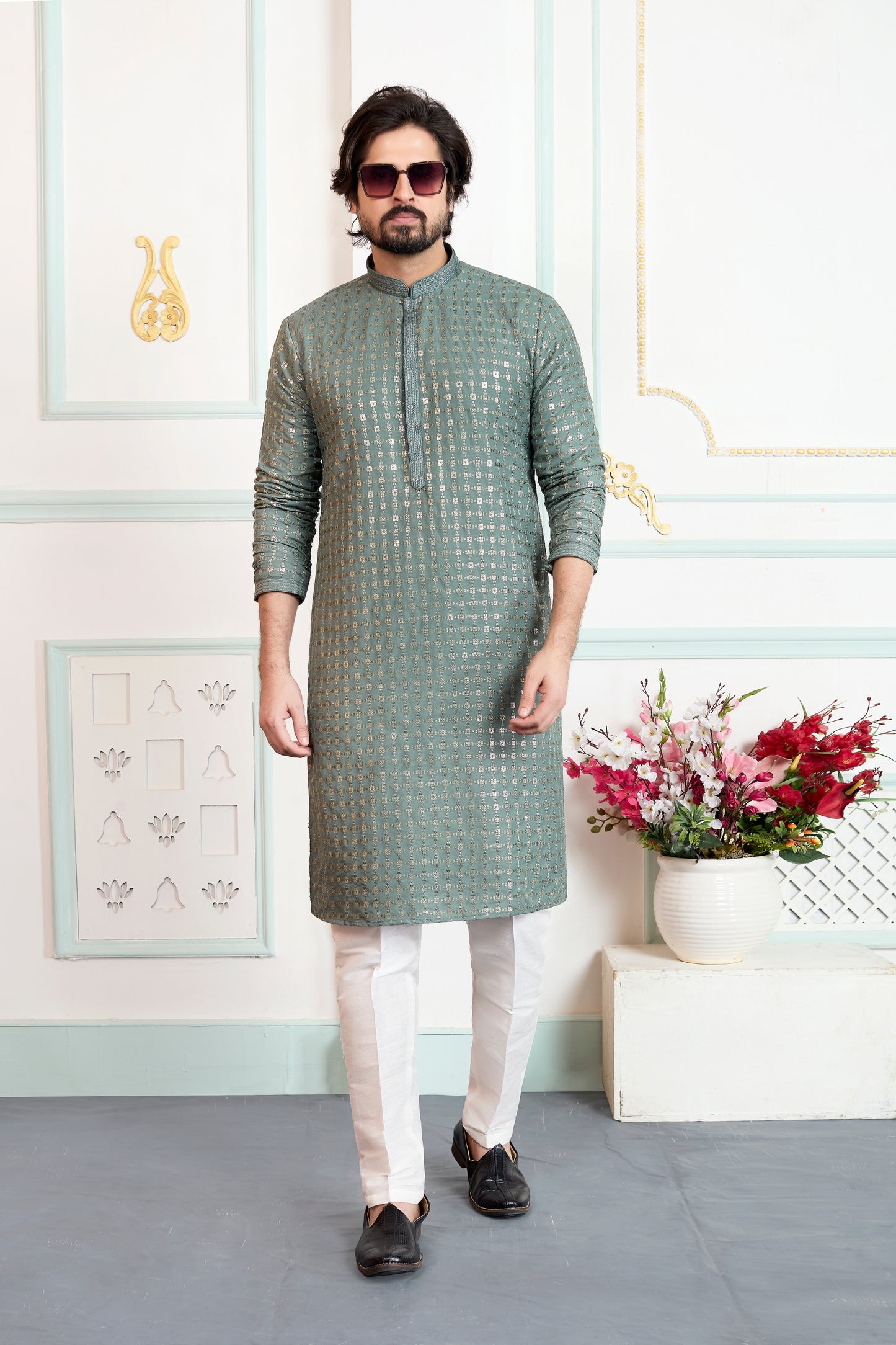 Elegant Green Embroidered Art Silk Wedding Kurta Pajama Set for Men