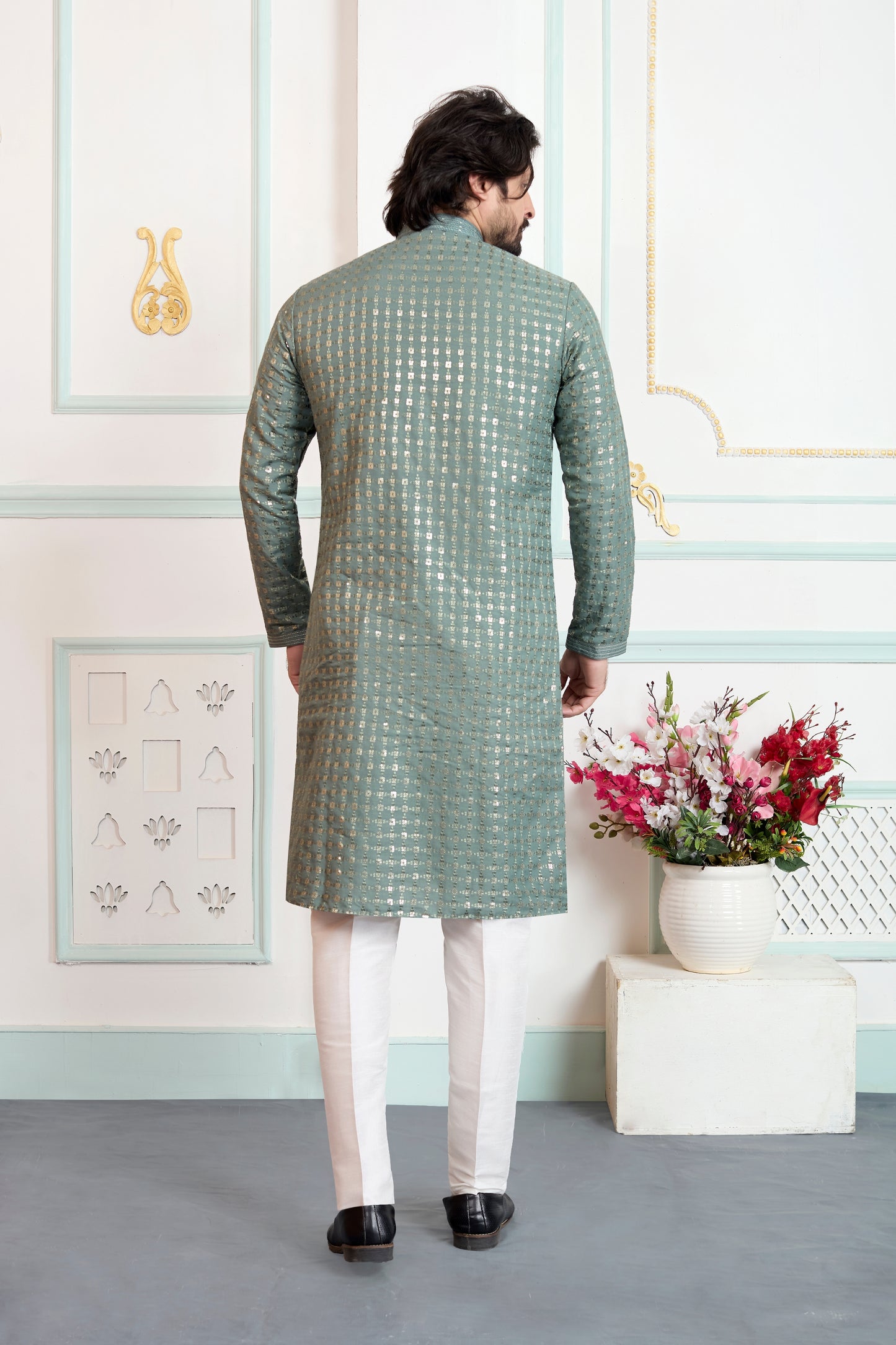 Elegant Green Embroidered Art Silk Wedding Kurta Pajama Set for Men
