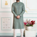 Elegant Green Embroidered Art Silk Wedding Kurta Pajama Set for Men