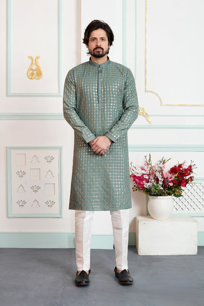 Elegant Green Embroidered Art Silk Wedding Kurta Pajama Set for Men