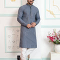 Traditional Grey Embroidered Art Silk Wedding Kurta Pajama Set for Men