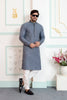 Traditional Grey Embroidered Art Silk Wedding Kurta Pajama Set for Men