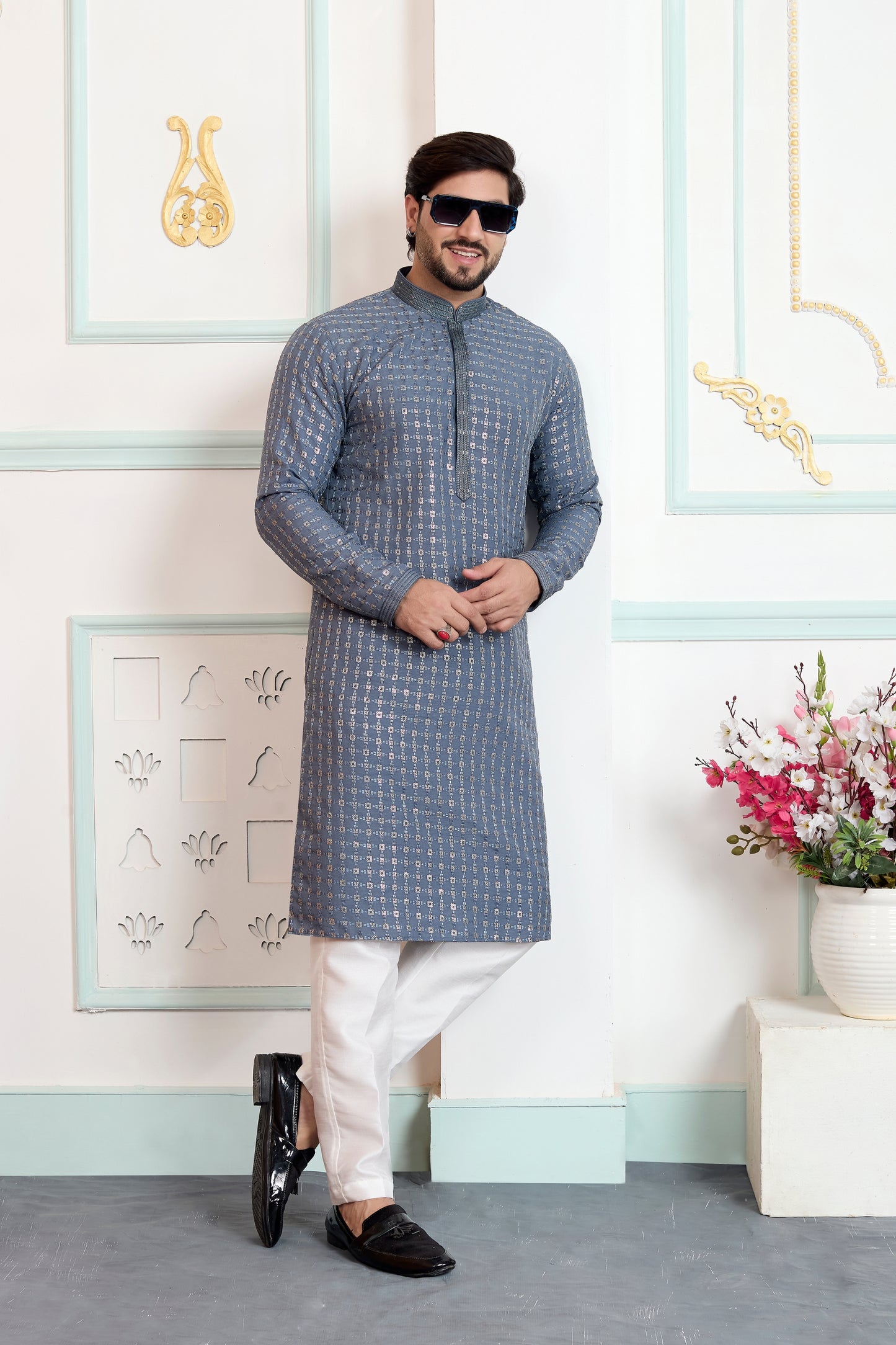 Traditional Grey Embroidered Art Silk Wedding Kurta Pajama Set for Men