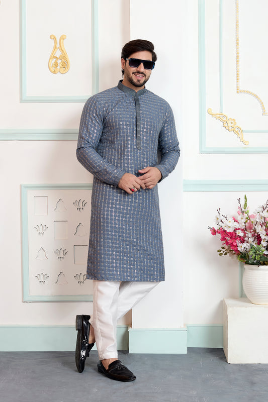 Traditional Grey Embroidered Art Silk Wedding Kurta Pajama Set for Men