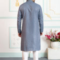 Traditional Grey Embroidered Art Silk Wedding Kurta Pajama Set for Men