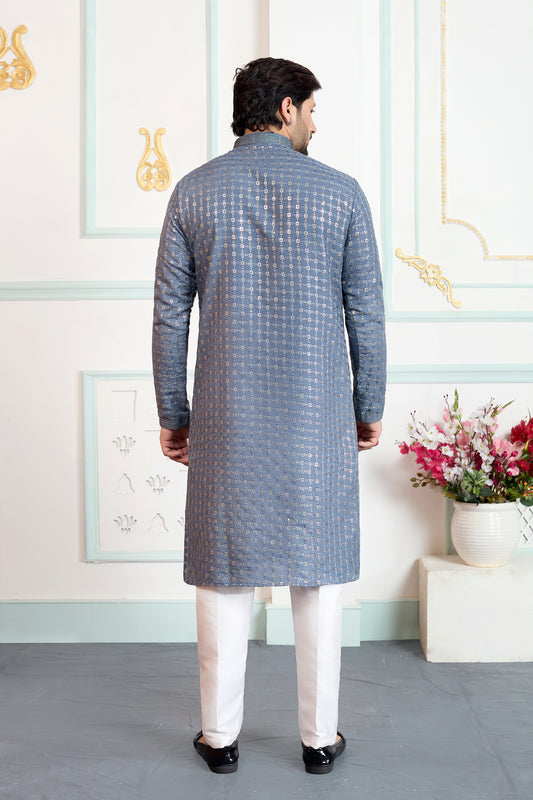 Traditional Grey Embroidered Art Silk Wedding Kurta Pajama Set for Men