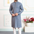 Traditional Grey Embroidered Art Silk Wedding Kurta Pajama Set for Men