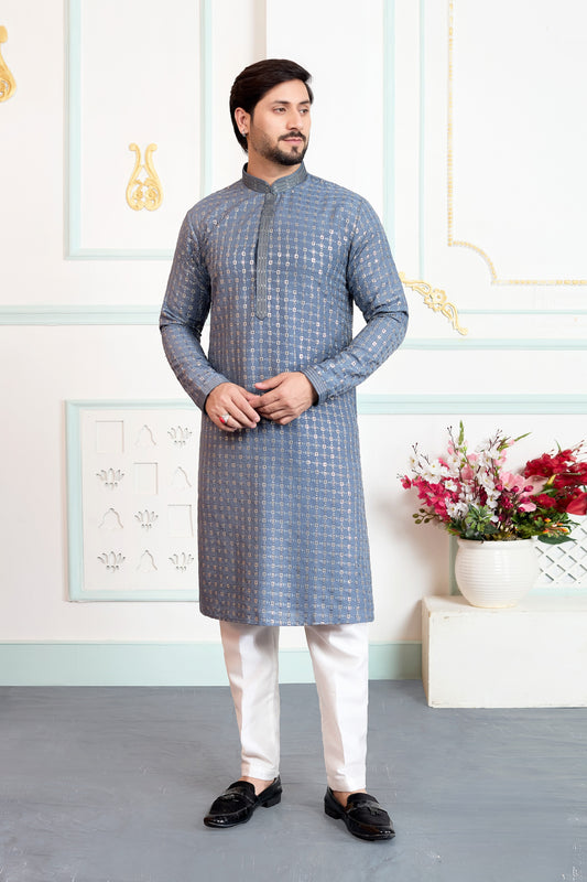 Traditional Grey Embroidered Art Silk Wedding Kurta Pajama Set for Men