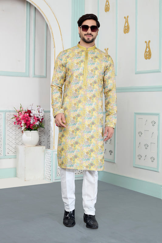 Stylish Yellow Floral Printed Art Silk Wedding Kurta Pajama Set for Men