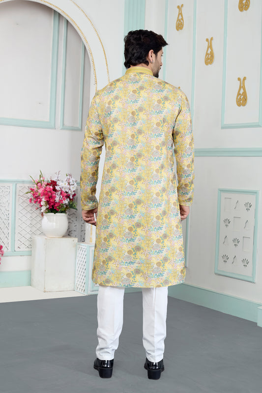 Stylish Yellow Floral Printed Art Silk Wedding Kurta Pajama Set for Men