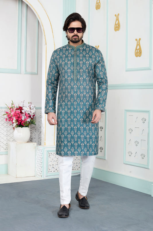 Handsome Green Art Silk Digital Printed Wedding Kurta Pajama Set for Men