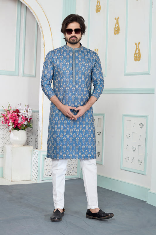 Royal Blue Art Silk Digital Printed Wedding Kurta Pajama Set for Men