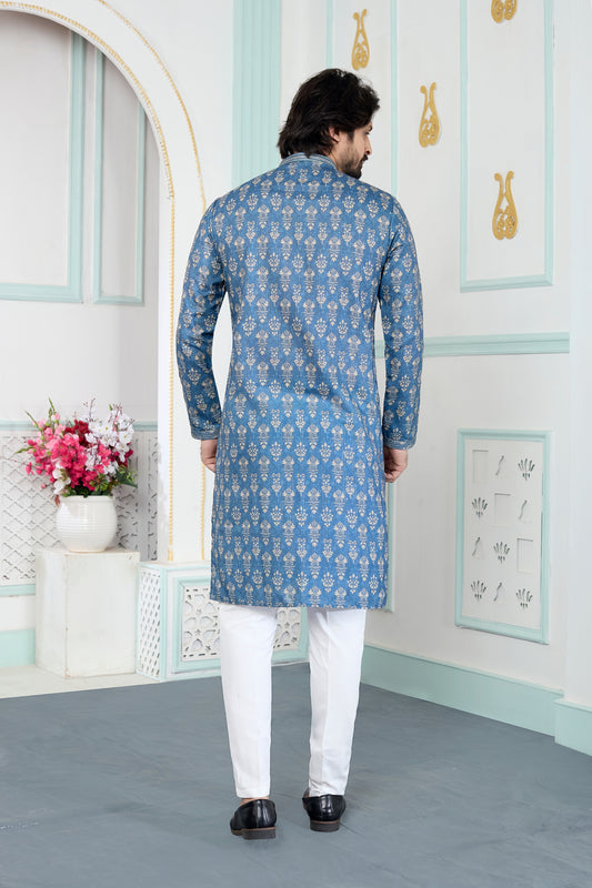 Royal Blue Art Silk Digital Printed Wedding Kurta Pajama Set for Men