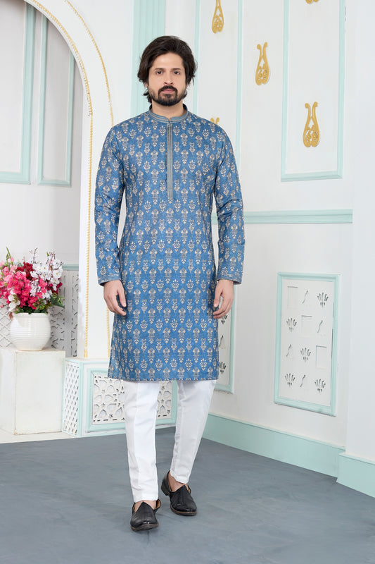 Royal Blue Art Silk Digital Printed Wedding Kurta Pajama Set for Men