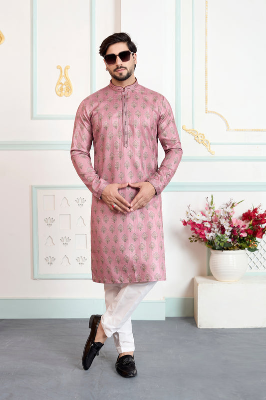 Superb Pink Art Silk Digital Printed Wedding Kurta Pajama Set for Men