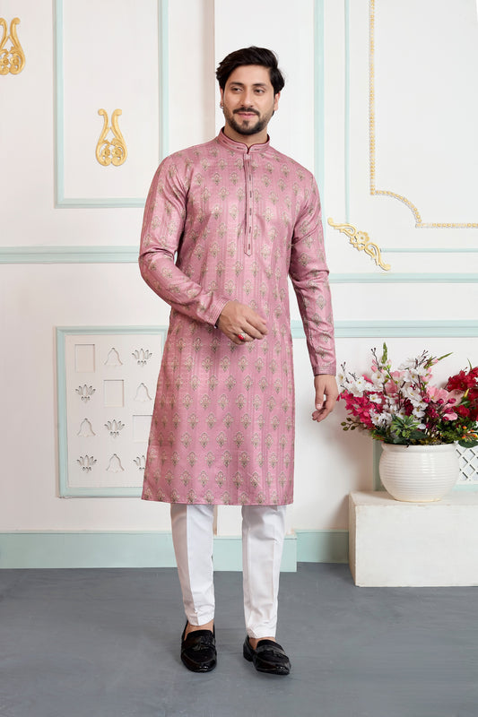 Superb Pink Art Silk Digital Printed Wedding Kurta Pajama Set for Men