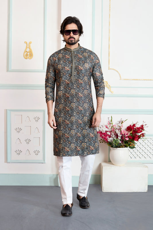 Perfect Multicolor Art Silk Digital Printed Wedding Kurta Pajama Set for Men