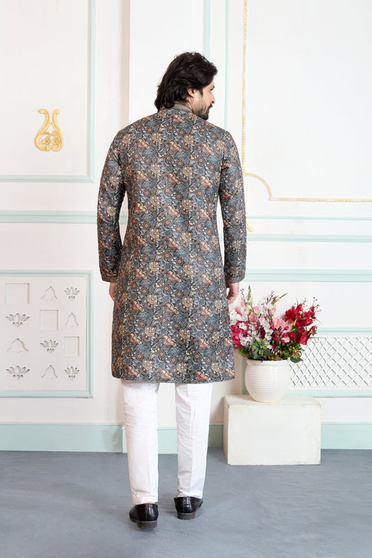 Perfect Multicolor Art Silk Digital Printed Wedding Kurta Pajama Set for Men