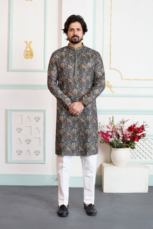 Perfect Multicolor Art Silk Digital Printed Wedding Kurta Pajama Set for Men