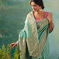 Mint Green Saree with Golden Embroidery Designer Pink Blouse