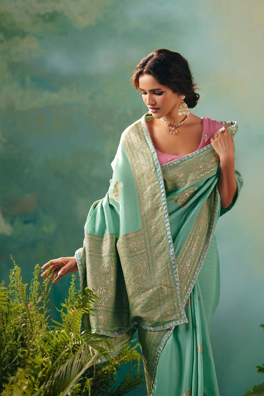 Mint Green Saree with Golden Embroidery Designer Pink Blouse