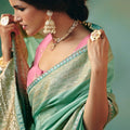Mint Green Saree with Golden Embroidery Designer Pink Blouse