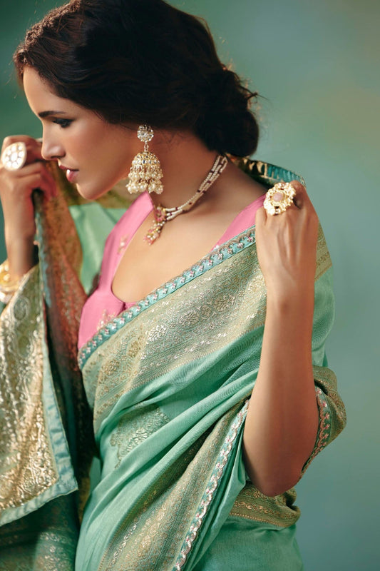 Mint Green Saree with Golden Embroidery Designer Pink Blouse