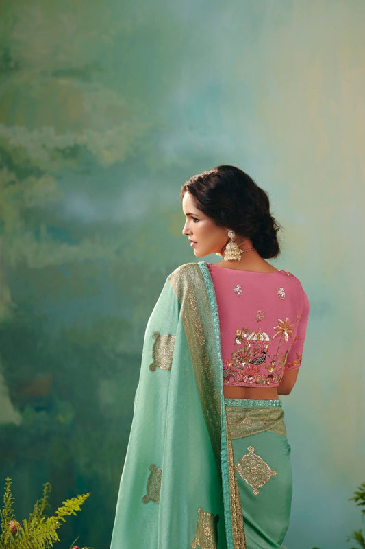 Mint Green Saree with Golden Embroidery Designer Pink Blouse