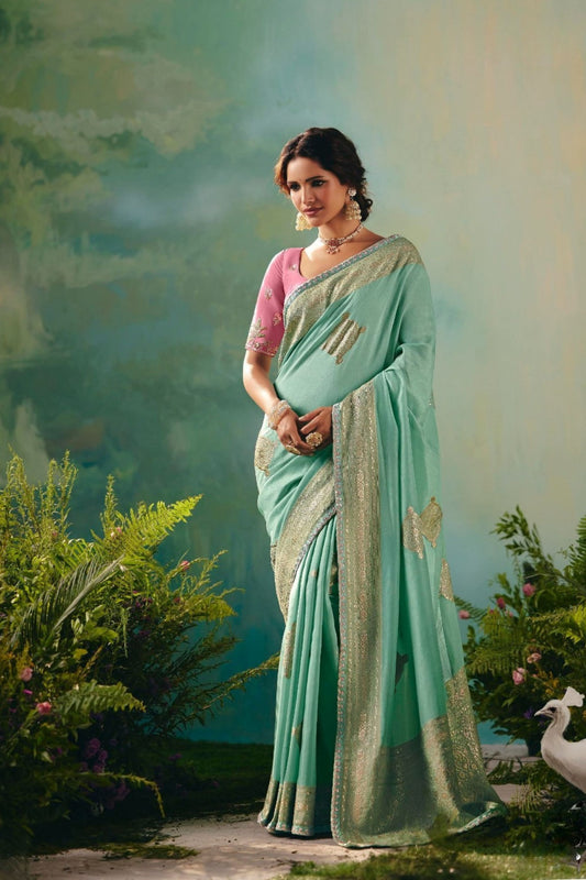 Mint Green Saree with Golden Embroidery Designer Pink Blouse 