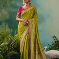 Olive Green  Banarasi Silk Saree with Pink Embroidered Blouse 
