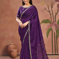 Stunning Purple Two Tone Raw Satin Saree Sequin Embroidery Work for Women