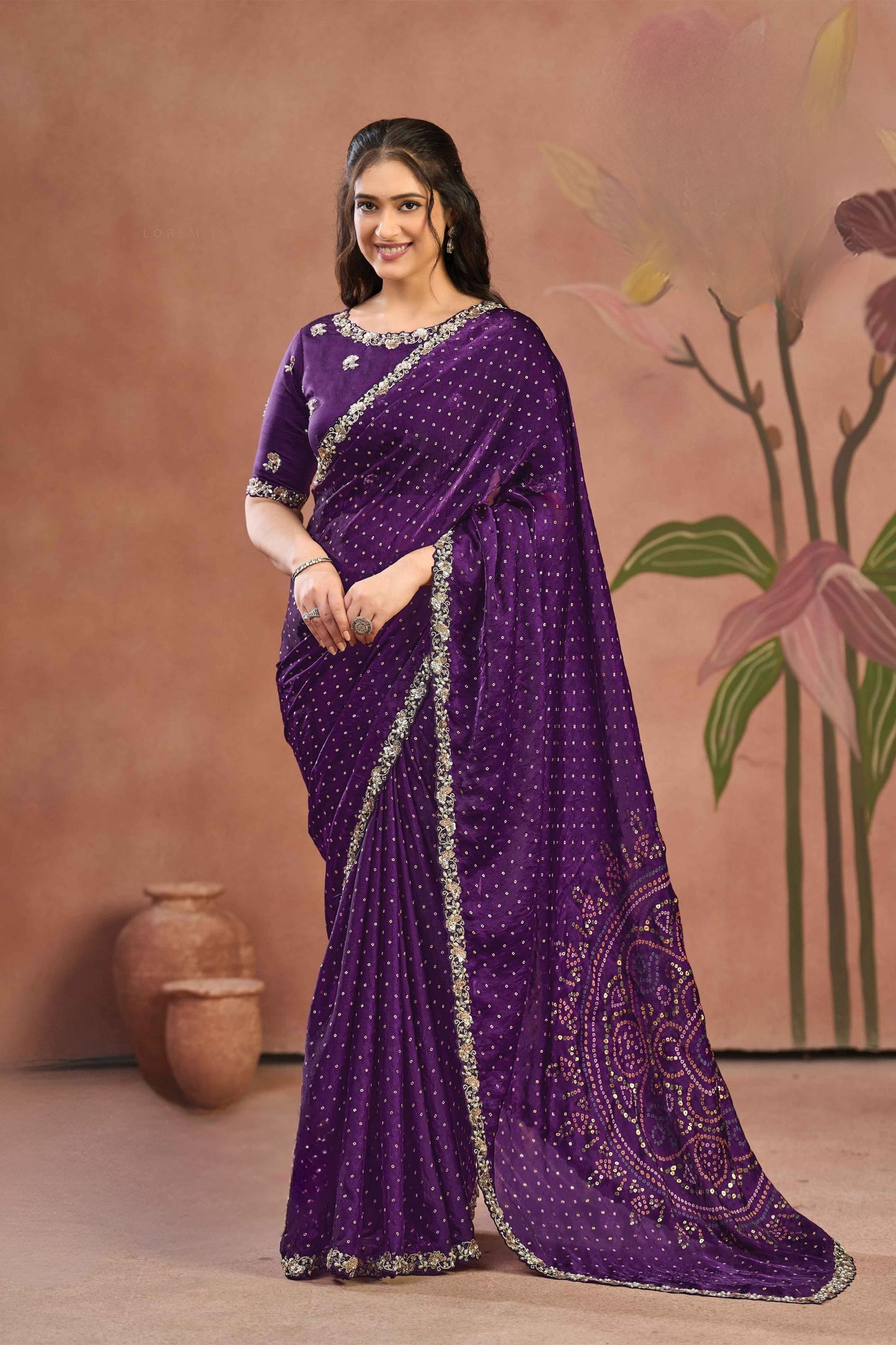 Stunning Purple Two Tone Raw Satin Saree Sequin Embroidery Work for Women