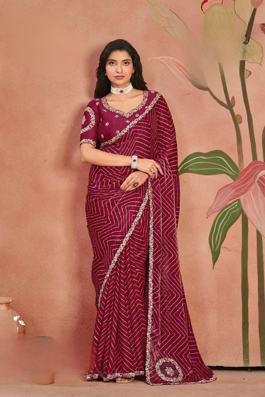 Royal Rani Pink Satin Silk Saree Sequins Embroidery Work for Women