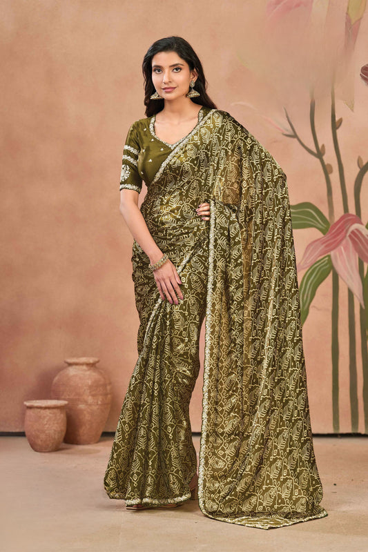 Graceful Olive Green Two Tone Satin Silk Saree Sequins Embroidery Border for Women
