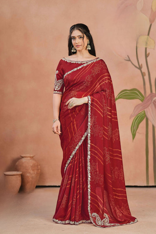 Vibrant Wine Two Tone Satin Silk Saree Sequins Embroidery Border for Women