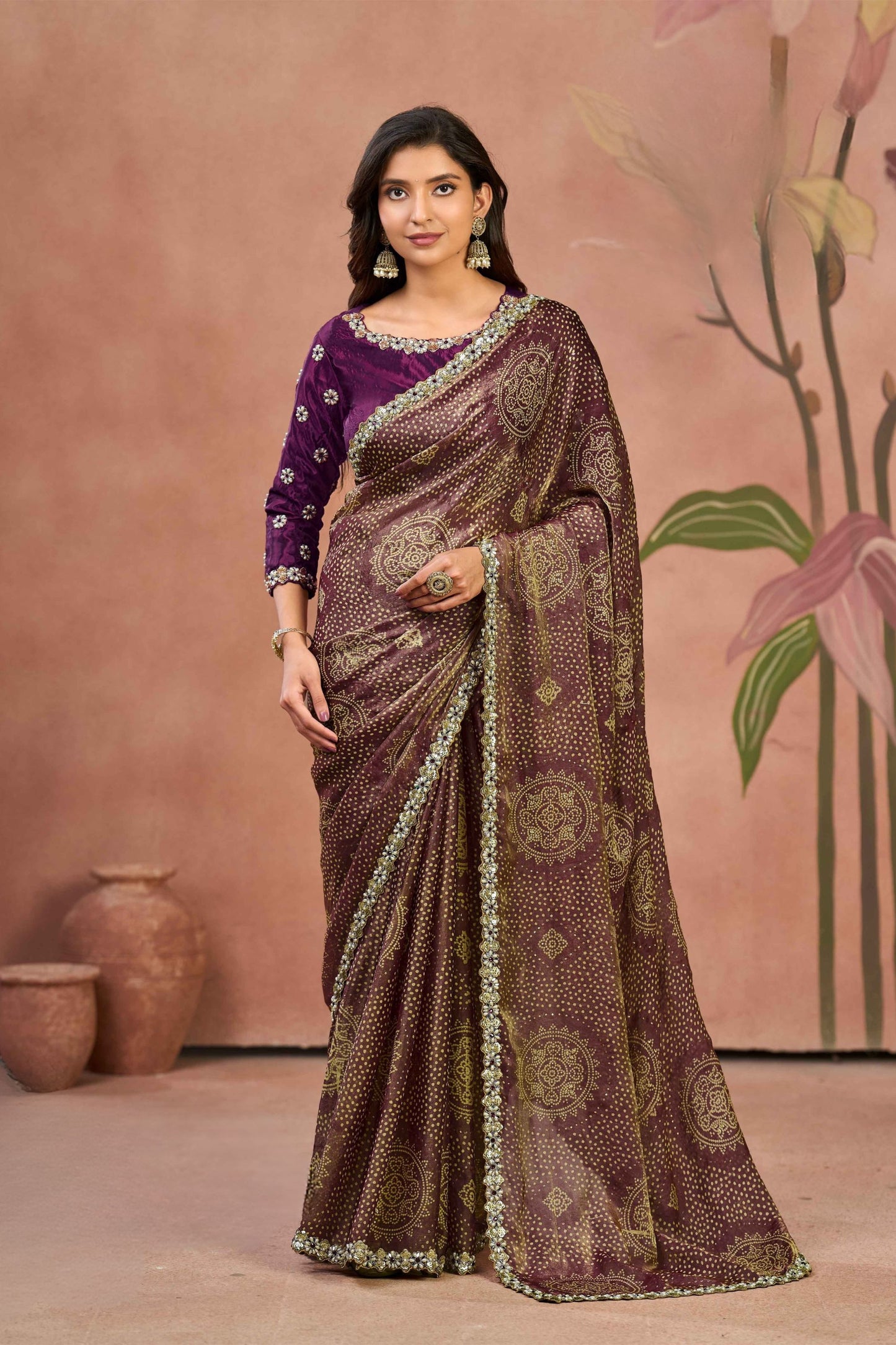 Amazing Brown Purple Two Tone Satin Silk Saree Sequins Embroidery Border for Women